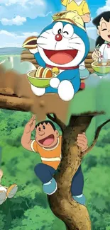 Doraemon and friends in a forest adventure scene.