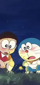 Doraemon and a friend in a grassy, starry night scene.