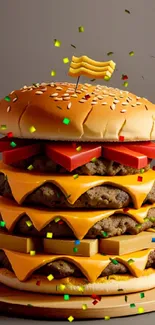 Triple cheeseburger on wooden plate mobile wallpaper.