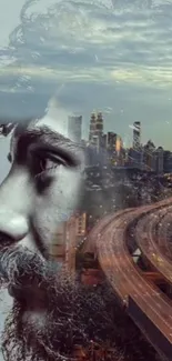 Double exposure of a man's profile with urban cityscape.