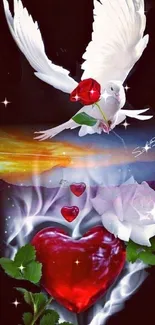 White dove with a rose, red hearts, and sunset.