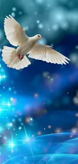 White dove flying in a magical blue sky with sparkling stars.