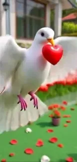 Dove flying with heart in a garden backdrop.