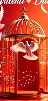 White doves flying from an open golden cage on a red background.