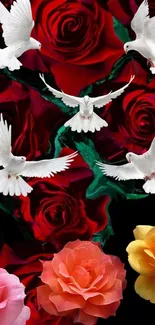 White doves flying above vibrant red roses and colorful blooms.