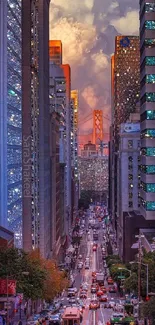 City skyline at sunset with bridge view and skyscrapers.