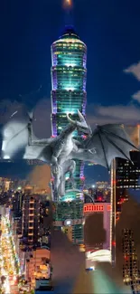 A dragon flies over a lit-up cityscape at night.