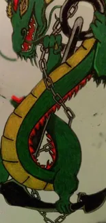 Illustrated green dragon wrapped around an anchor, vivid art design.