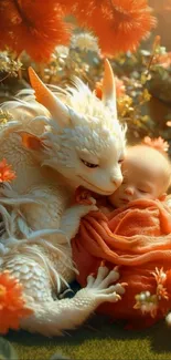 Fantasy art of a dragon protecting a baby surrounded by orange flowers.