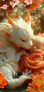 White dragon cradling a baby among orange flowers in a fantasy wallpaper.