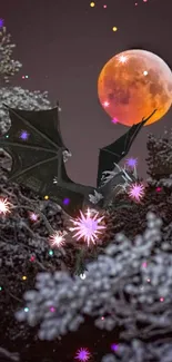 Dragon flying under a blood moon in a dark forest setting.