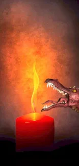 Mobile wallpaper featuring a dragon breathing fire at a glowing candle flame.