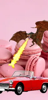 Dragon and red car with pink macarons background.