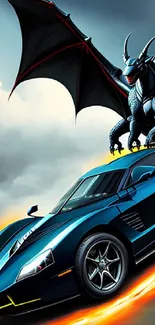 Dynamic wallpaper featuring a dragon and sports car in flight against dramatic skies.