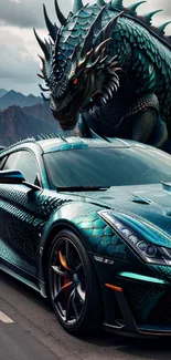 Fantasy art with dragon and sports car in vibrant teal tones.