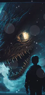 A child faces a glowing-eyed dragon through an open window at night.