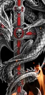 Dragon entwined on a Gothic cross with red and gray accents.