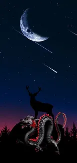 Dragon and deer under a starry night sky with a crescent moon.