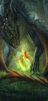 Fantasy artwork of a dragon and fairy in a mystical forest.