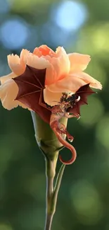 Orange flower with dragon on a green bokeh background wallpaper.