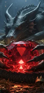 A dragon clutching a glowing red gem.