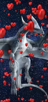 Dragon with red hearts in night sky wallpaper.