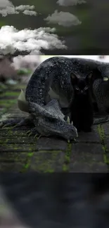 Dark gray dragon with kitten on mystical landscape.