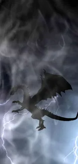 Silhouetted dragon flying through a stormy sky with lightning.