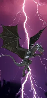 Majestic dragon flying amid lightning storm.