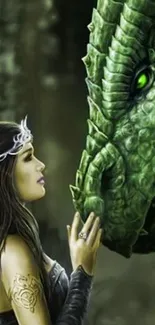 Fantasy art with a dragon and maiden in a mystical forest.