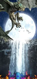 Fantasy dragon and moon over waterfall art.