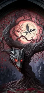 Fantasy dragon and moon scene on a mobile wallpaper.