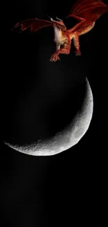 Red dragon flying over a crescent moon on dark background.