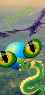 Dragon flying over earth with vibrant green jungle background.