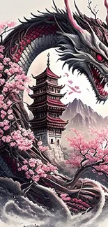 Fantasy dragon and pagoda amidst cherry blossoms and mountains.