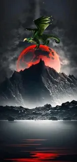 Green dragon flying over a red moon on a dark landscape wallpaper.