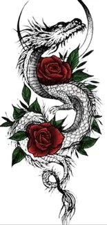 Black and white dragon with red roses and green leaves in artistic design.