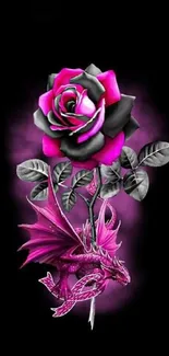 Pink dragon with black rose on dark background wallpaper.