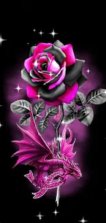 Mobile wallpaper with a purple dragon and pink rose on a black background.