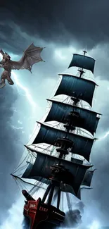 Fantasy dragon flying near ship in stormy sea.