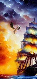 A dragon flies over a colorful ship in a vibrant fantasy setting.