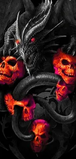 Black dragon holding fiery skulls in a gothic art style.