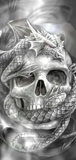 Grayscale art of a dragon wrapped around a skull for mobile wallpaper.