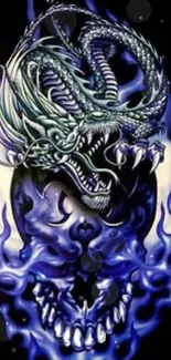 Intricate dragon and skull with blue flames mobile wallpaper design.