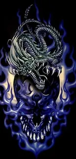 Dragon and skull with blue flames mobile wallpaper.