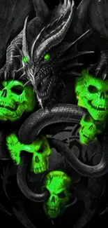 Dark fantasy dragon with green skulls wallpaper.