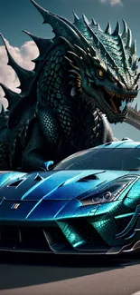 Sleek sports car with vibrant dragon in dynamic wallpaper.