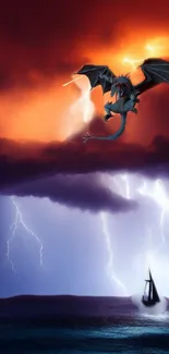 Fantasy dragon flying over stormy seas with lightning.