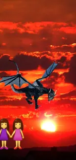 Majestic dragon in red sunset sky with cartoon characters.