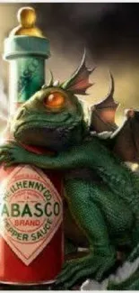 Green dragon hugging a Tabasco bottle in a fantasy artwork.